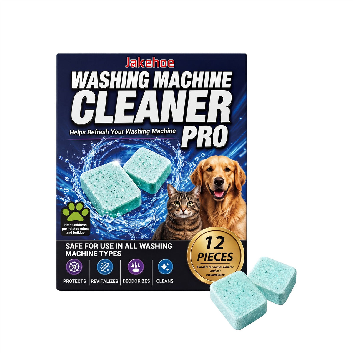 Washing machine cleaner tablets box with 12 mint green tablets