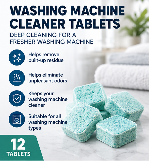Mint green washing machine cleaner tablets, 12 tablets per box
