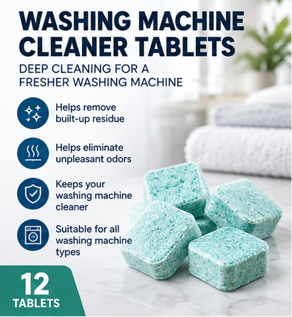 Mint green washing machine cleaner tablets, 12 tablets per box